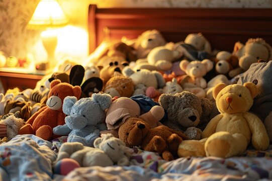 : A pile of stuffed animals on a bed with different shapes and sizes.
