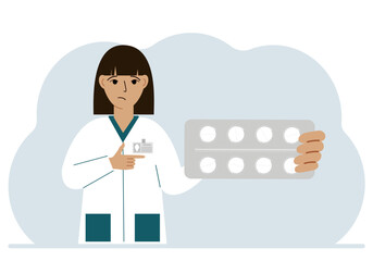 A female doctor in a white coat holds a large plate with pills. Vector