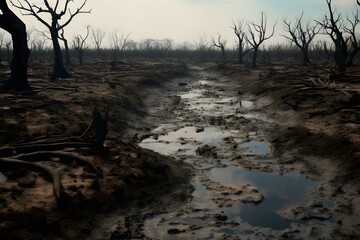 An empty dry cracked swamp. Concept Desolate Landscape, Cracked Earth, Environmental Destruction