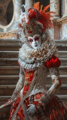 Fototapeta na wymiar Masquerade ball with elaborate costumes and grand staircase