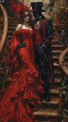 Fototapeta na wymiar Masquerade ball with elaborate costumes and grand staircase