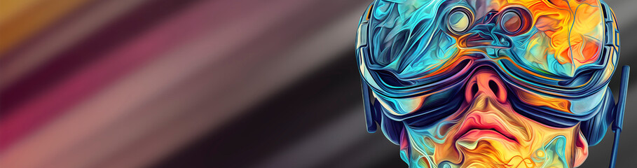 Banner with abstract colorful graphic of a face wearing VR goggles, widescreen format, empty space