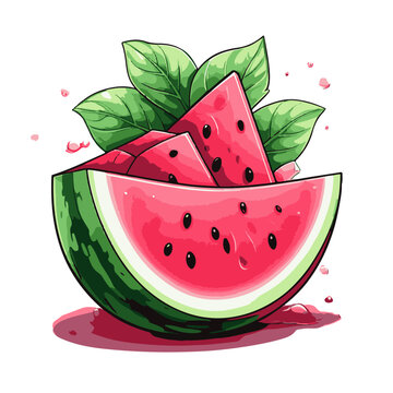 Watermelon slice with leaves on pink background. Vector watermelon illustration.