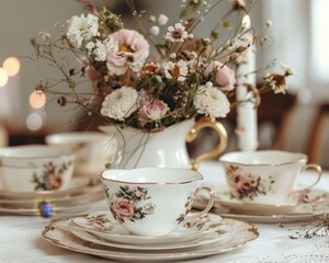 Obraz na płótnie Canvas Vintage tea party charm, antique teacups and floral arrangements