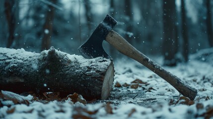 Close up of an old wood axe thrown into a thick log that is laying in the middle of the forest on a winter day - Powered by Adobe