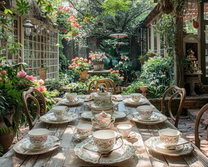 Vintage tea party in a lush garden, pastel decorations, and fine china