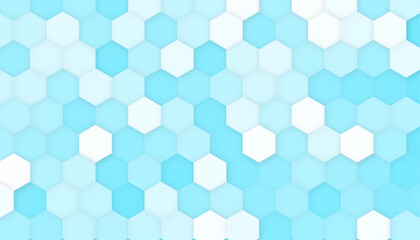 Vector illustration with honeycomb in realistic style. White and blue hexagon wall. Horizontal banner. Modern design for wallpaper, flyer, poster. Stock