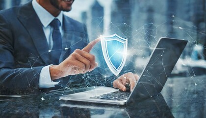 Cyber security and network protection, Private key concept, Businessman holding security