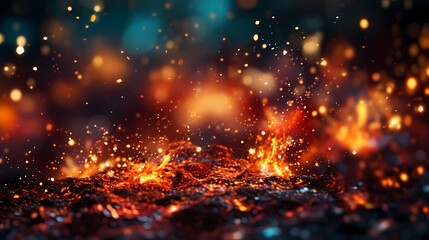 Abstract fire background with hot sparks rising from a fire in the night sky - obrazy, fototapety, plakaty