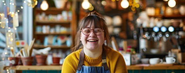 Down Syndrome entrepreneur running a successful cafe community hub of joy - obrazy, fototapety, plakaty