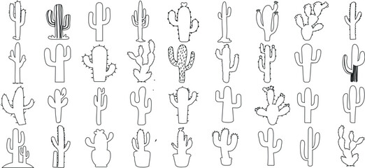 Cactus line art collection, minimalist design, elegant simplicity. Perfect for modern decor, wallpapers, prints. Various cactus shapes, distinct, showcasing different sizes