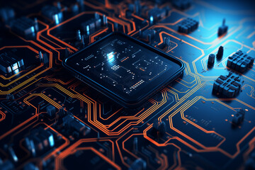 Abstract technology digital circuit line and chip electronic network data innovation concept background.