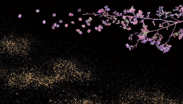 黒漆風の背景に螺鈿の桜と金箔砂子、和風の伝統工芸「蒔絵」のイメージ	
