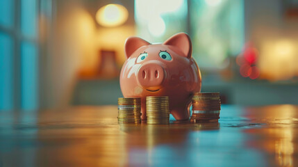 Financial Management with Piggy Bank and Coins on Wood. A piggy bank standing on a wooden surface with coins, illustrating smart financial management and saving strategies.