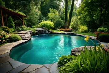 Swimming Pool in Your Home Garden. Concept Outdoor Activities, Home Improvement, Relaxation, Luxury Living