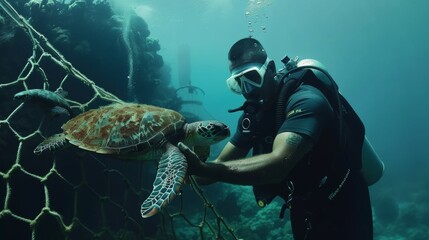 Divers lend a helping hand to a trapped turtle, freeing it from a fishing net underwater - obrazy, fototapety, plakaty
