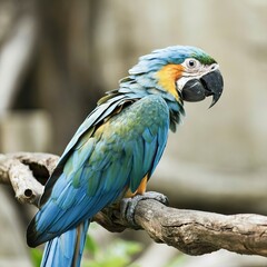 beautiful feather of blue glod macaw bird perching on dry branch