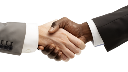 Black men and white men handshaking on white backgrounds. Deal with a project.