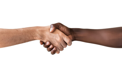 Black men and white men handshaking on white backgrounds. Deal with a project.