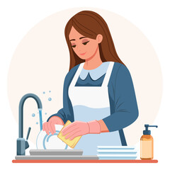 A woman in work clothes washing dishes. Nanny services. A maid washing dishes in a hotel room. Concept of service to the public and guests from abroad. Cleaning services from a cleaning company.