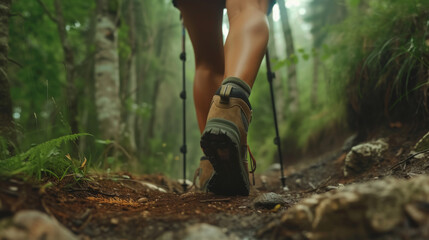 Female hiker feet walking outdoors in the forest