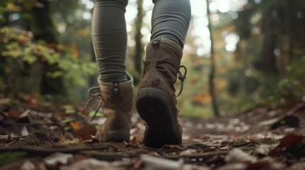 Crédence de cuisine en verre imprimé Route en forêt Female hiker feet walking outdoors in the forest