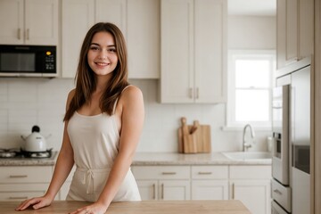 Beautiful young woman standing in the kitchen smiling and looking at the camera with copy space.