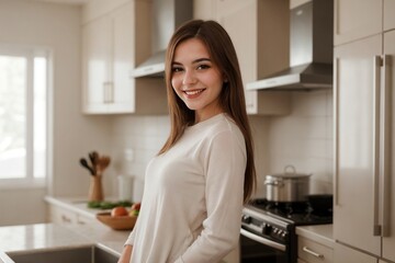 Beautiful young woman standing in the kitchen smiling and looking at the camera with copy space.