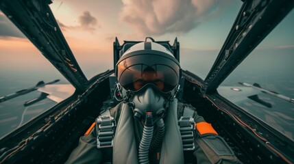 Fighter pilot poised in cockpit ready for action