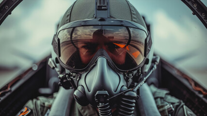 Fighter pilot poised in cockpit ready for action - obrazy, fototapety, plakaty