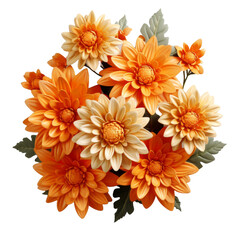 3d bouquet of orange chrysanthemum flowers on transparent background, Png format.
