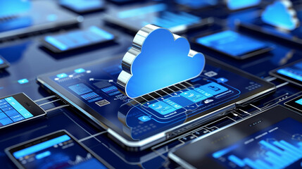 Cloud Computing: Depict the concept of cloud computing with images of data being stored, accessed, and synchronized across multiple devices and platforms, showcasing the scalability. Generative Ai