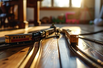 : A toy train set with tracks, bridges, and tunnels on a wooden floor.