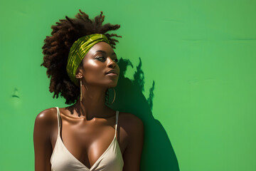 Stylish Jamaican beach model deep in thought against vibrant reggae green backdrop.