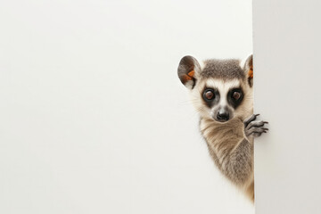 Funny lemur on a white background. Hide and seek games. An animal peeks out from behind a white wall. Banner, empty space for text. Playful funny animals. The animal looks into the frame from behind a