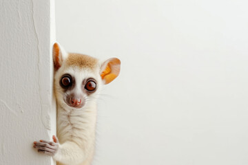 Funny funny animal on a white background. Hide and seek games. An animal peeks out from behind a white wall. Banner, empty space for text. Playful funny animals. The animal looks into the frame from b