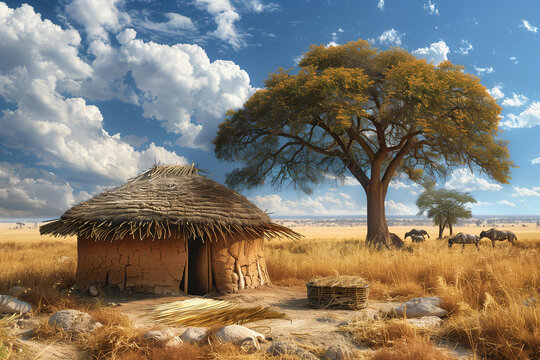 A mud house with a straw mat and a basket outside, in a savanna with wild animals.