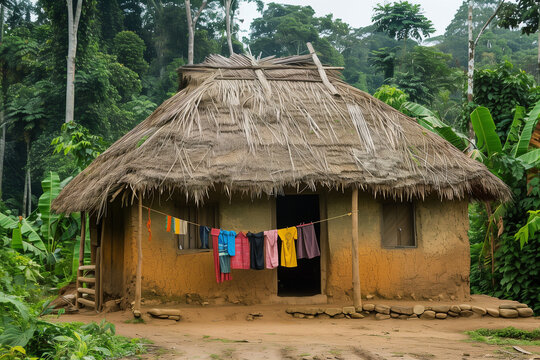 A mud house with a tiled roof and a clothesline outside, in a tropical rainforest.