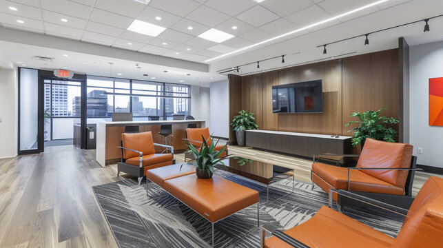 Modern Workplace: Capture images of a sleek and contemporary office environment with state-of-the-art technology seamlessly integrated into the workspace. Generative AI