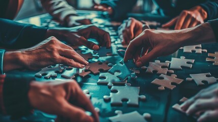 A group of business people assembling jigsaw puzzle. - obrazy, fototapety, plakaty