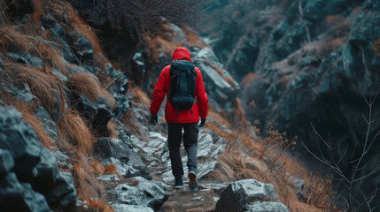Lone Hiker in Red Jacket Ascends Rocky Path