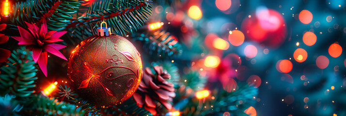 Festive Elegance, A Christmas Tree Adorned in Holiday Splendor, Sparkling with Lights and Ornaments