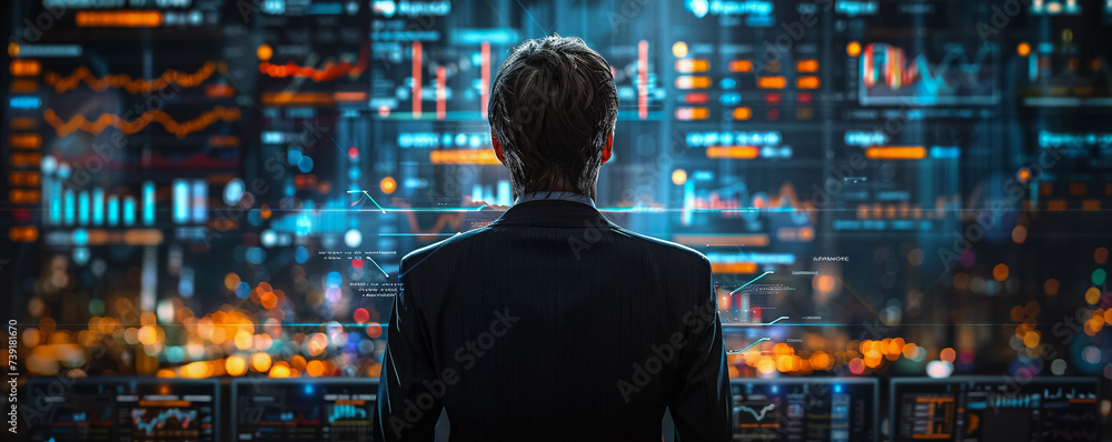 Poster businessman analyzing data focused on computer screen analytics
