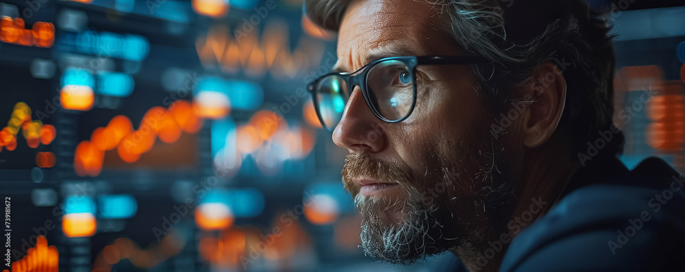 Poster businessman analyzing data focused on computer screen analytics