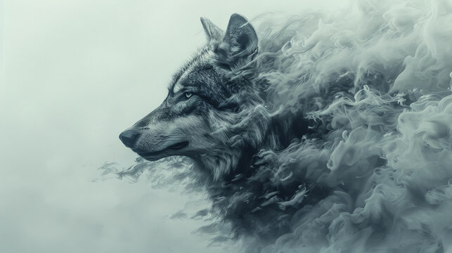 Abstract wolf silhouette emerges from magic smoke a surreal depiction of wilderness and imagination blending as one