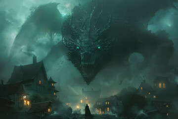 Fantasy World Terror villagers fleeing as a shadowy dragon descends upon their homes its eyes glowing with malice