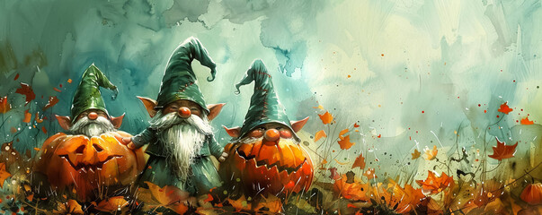 Gnomes in a pumpkin patch painted in watercolor isolated yet suggesting a futuristic twist