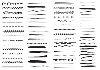 Hand drawn line. Ink pen drawing lines, underline brush and pencil strokes brushes vector elements set - obrazy, fototapety, plakaty