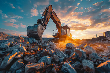 Moving rocks at the break of dawn on a construction site preparing the earth for a futuristic dwelling - obrazy, fototapety, plakaty