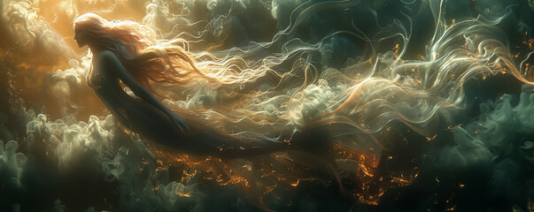Magic smoke envelops a futuristic mermaid blending the lines between mythology and the marvels of tomorrow
